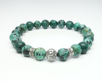 Green african turquoise jasper and Tibetan silver mens bracelet. Turquoise beaded jewelry for men. Bracelet gift for him. KeepDutch