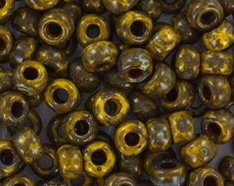 Miyuki 6/0 Rocailles Seed Beads, Dark Yellow Picasso Opaque, 10g