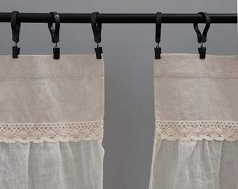 Ivory Linen Cafe Curtain with Lace - Custom Kitchen Curtain in Vintage Farmhouse Style - RETRO Collection