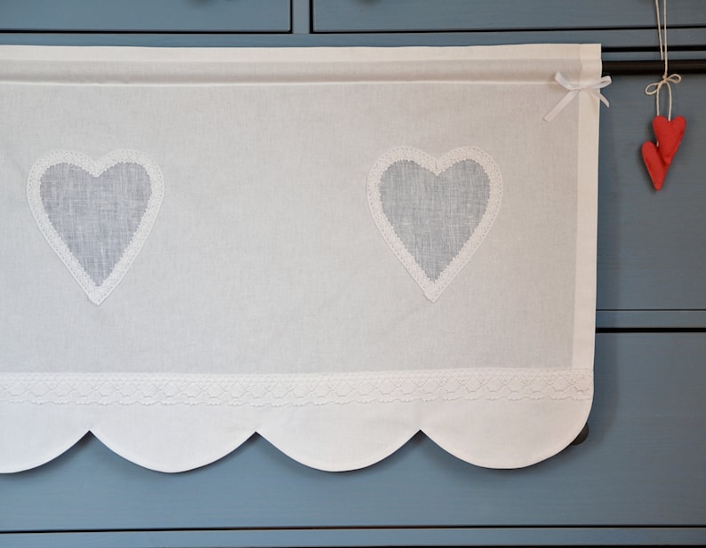 Kitchen curtain HEARTS tunnel white curtains jealousy tailored valances shabby chic country style curtain DOES NOT shrink after washing image 7