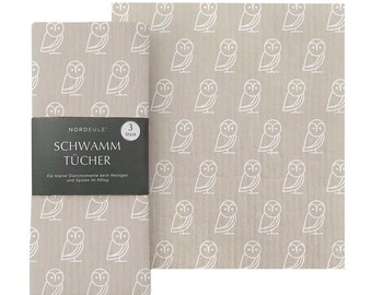 Chiffons de nettoyage beiges à motif hibou | Design nordique | Pour un usage quotidien, comme cadeau de Pâques, de Noël ou comme petit présent