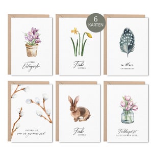 Kartenset Ostern im 6er Set No.1 | Postkarten mit Kraftpapier-Umschläge DIN A6 mit Oster-Aquarellmotiven zum Verschenken und Dekorieren