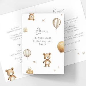 Personalisierte Einladungskarte zur Taufe | Bären Motiv in beigefarbenen Design | Klappkarte DIN A6