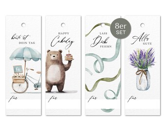 Étiquettes cadeaux, lot de 8, pour anniversaires | 4 motifs aquarelle | Idéal pour les cadeaux d'anniversaire, les félicitations, les petits cadeaux d'invités, l'emballage de bouteilles