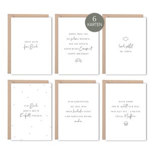 Kartenset Geburtstag im 6er Set No.2 | Postkarten mit Kraftpapier-Umschläge DIN A6 mit Geburtstagssprüchen im zeitlosen Schwarz-Weiß Design