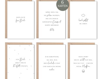 Ensemble de cartes d'anniversaire dans un ensemble de 6 n°2 | Cartes postales avec enveloppes en papier kraft DIN A6 avec des dictons d'anniversaire dans un design noir et blanc intemporel