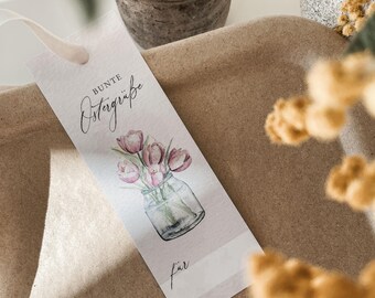 Lot de 8 étiquettes de Pâques | Motif tulipe aquarelle | Idéal pour les vœux de Pâques, les cadeaux, les clients, l'emballage de bouteilles, les présents de Pâques et les paniers de Pâques