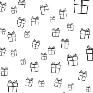 May include: A seamless pattern of black and white gift boxes with bows on a white background.