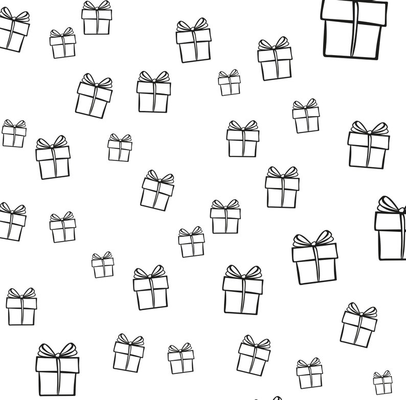 May include: A seamless pattern of black and white gift boxes with bows on a white background.
