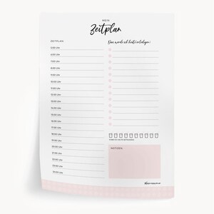 Könnte beinhalten: Ein weißer Papierplaner mit einem rosa Blumenrand. Der Planer enthält einen Tagesplan von 5:00 bis 24:00 Uhr, einen Notizbereich und den deutschen Text "Mein Zeitplan" und "Das werde ich heute erledigen:"