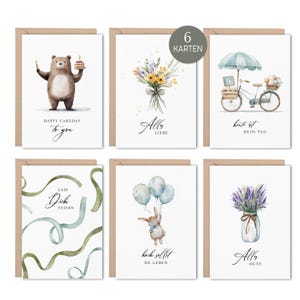 Kartenset Geburtstag im 6er Set No.1 | Postkarten mit Kraftpapier-Umschläge DIN A6 mit Geburtstags-Aquarellmotiven, Verschenken & Dekorieren