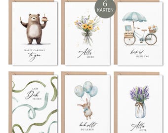 Verjaardagskaartenset in een set van 6 nr. 1 | Ansichtkaarten met kraftpapier enveloppen DIN A6 met verjaardag aquarelmotieven, cadeau & decoratie