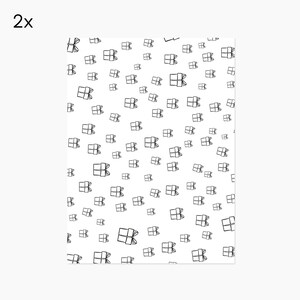 May include: A white background with a repeating pattern of black outlined gift boxes. The gift boxes are all the same size and shape, and they are arranged in a staggered pattern.