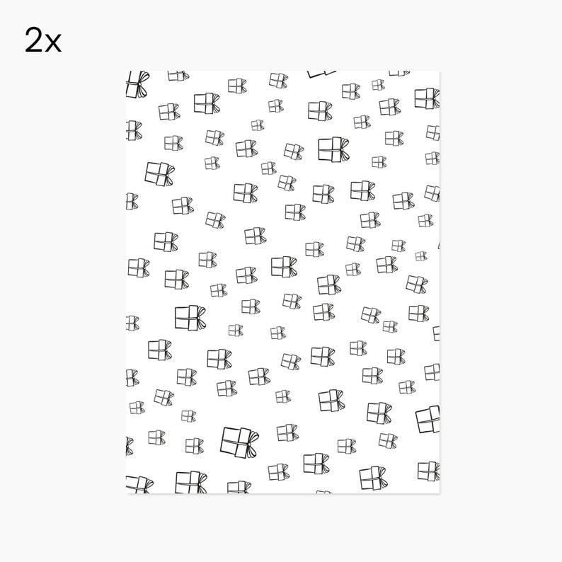 May include: A white background with a repeating pattern of black outlined gift boxes. The gift boxes are all the same size and shape, and they are arranged in a staggered pattern.
