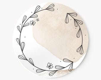 Label stickers with a wreath of leaves | 4 cm round beige labels for writing on | Ideal for homemade items, DIY projects, names, gifts