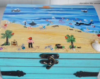 Treasure chest pirate chest made of wood turquoise for children hand-painted personalizable