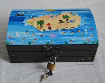 Treasure chest pirate chest made of brown wood with lock and key, customizable