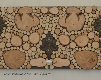 Hook rack coat rack made of natural wooden discs, handmade with black hooks in a rural style