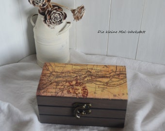 Brown wooden treasure chest with map motif customizable