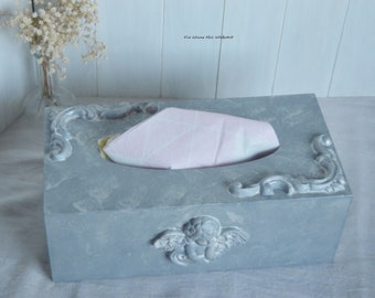 Taschentücherbox Kosmetiktücherbox aus Holz grau weiß shabby mit Engel