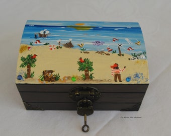 Treasure chest pirate chest hand-painted brown with lock and key customizable