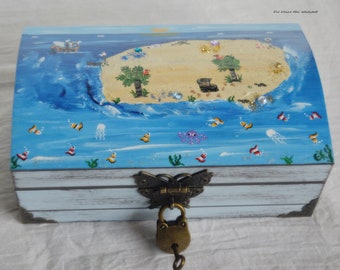 Schatkist piratenkist van hout voor kinderen, handbeschilderd blauw, aanpasbaar met slot en sleutel