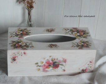 Taschentücherbox  Kosmetiktücherbox aus Holz weiß rosa mit Blumenmotiven
