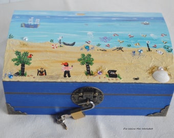 Treasure chest pirate chest for children hand-painted wooden blue with lock and key customizable