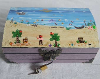 Schatkist piratenkist van hout voor kinderen, lila, met de hand beschilderd met slot, aanpasbaar