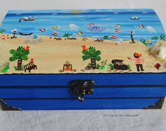 Treasure chest pirate chest for children made of wood, blue, hand-painted, customizable