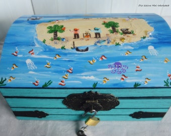 Treasure chest pirate chest made of wood hand-painted turquoise with lock and key customizable