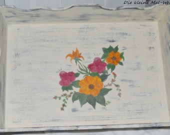 Tablett aus Holz weiß shabby handbemalt Bauernmalerei