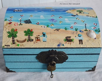 Schatkist piratenkist turquoise met slot en sleutel aanpasbaar gemaakt van hout, met de hand beschilderd