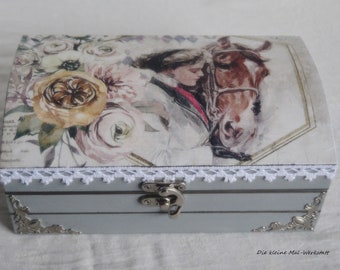 Boîte à bijoux coffre au trésor avec motif cheval en bois blanc, personnalisable