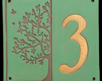 Hausnummer Tafel mit Baum Türkis