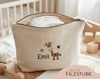 Windeltasche Wickeltasche  Kosmetiktasche beige personalisierbar mit Name und Giraffe oder Wunschmotiv Babygeschenk Geburt Junge Mädchen