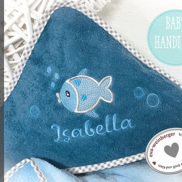 Kapuzenhandtuch mit Name kleiner Fisch Geschenk Baby 80x80 cm oder 100x100 cm