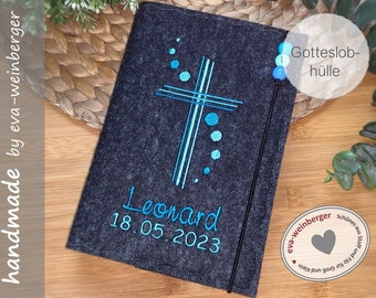 Gotteslobhülle mit Name Gesangbuchhülle Kreuz Holzkugeln Filzhülle evangelisches Gesangbuch Geschenk Kommunion Firmung Konfirmation