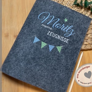 Zeugnismappe A4 Wimpelkette Filz mit Name personalisiert Geschenk Schule Einschulung Schulanfang Zeugnisordner für Zeugnisse Junge Mädchen