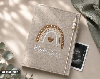 Personalisierbare Mutterpasshülle aus Filz mit Regenbogen und Deinem Namen bestickt - das perfekte Geschenk zur Schwangerschaft