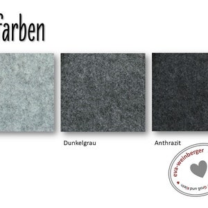 Puede incluir: Tres muestras de tela de fieltro en gris claro, gris oscuro y gris antracita. Las muestras est&aacute;n etiquetadas como "Hellgrau", "Dunkelgrau" y "Anthrazit".