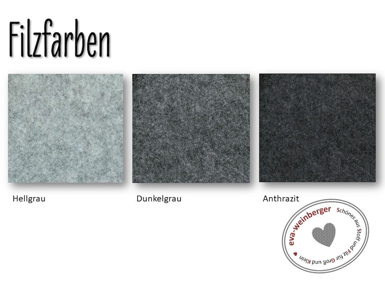 Puede incluir: Tres muestras de tela de fieltro en gris claro, gris oscuro y gris antracita. Las muestras est&aacute;n etiquetadas como "Hellgrau", "Dunkelgrau" y "Anthrazit".