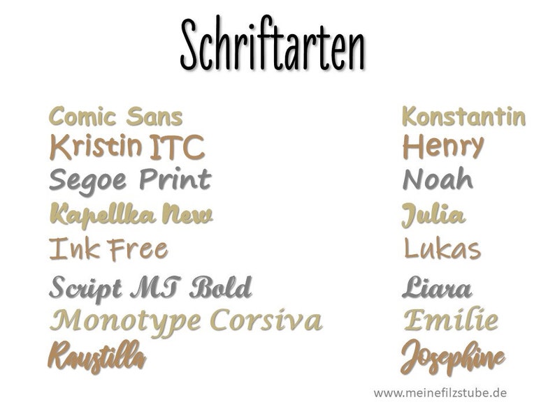 May include: A list of fonts in different colours, including Comic Sans, Kristin ITC, Segoe Print, Kapellka New, Ink Free, Script MT Bold, Monotype Corsiva, Raustilla, Konstantin, Henry, Noah, Julia, Lukas, Liara, Emilie, and Josephine. The text "Schriftarten" is at the top of the image, and the text "www.meinefilzstube.de" is at the bottom of the image.