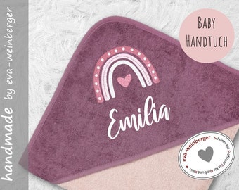 Babyhandtuch mit Kapuze mit Namen und Regenbogen Babybadetuch personalisiert bestickt Kapuzenhandtuch Mädchen Jungen Geschenk Geburt Taufe