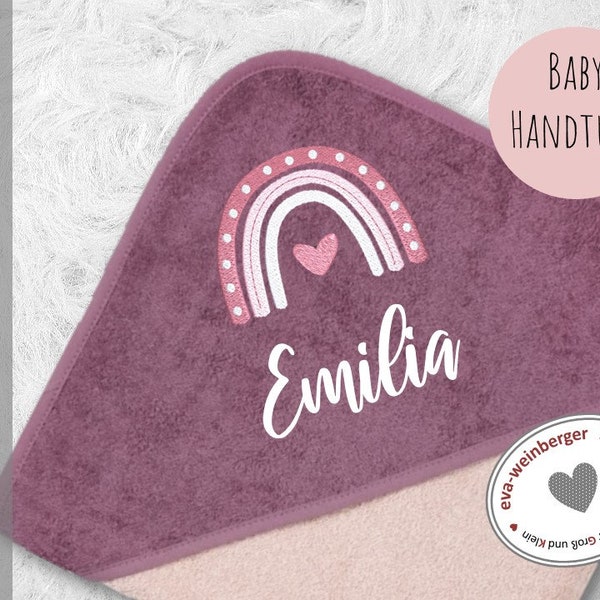 Babyhandtuch mit Kapuze mit Namen und Regenbogen Babybadetuch personalisiert bestickt Kapuzenhandtuch Mädchen Jungen Geschenk Geburt Taufe