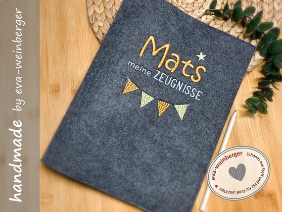 Zeugnismappe Wimpelkette Filz mit Name personalisiert Geschenk Schule Einschulung Schulanfang Zeugnisordner für Zeugnisse Junge Mädchen