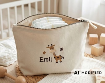 Windeltasche Wickeltasche  Kosmetiktasche beige personalisierbar mit Name und Giraffe oder Wunschmotiv Babygeschenk Geburt Junge Mädchen