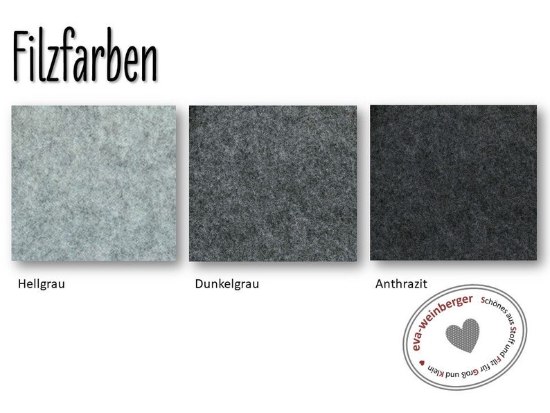 May include: Three felt fabric swatches in light grey, dark grey, and anthracite grey. The swatches are labelled "Hellgrau", "Dunkelgrau", and "Anthrazit".