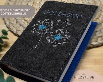 Gotteslobhülle personalisiert mit Name und Pusteblume Löwenzahn bestickt Kommuniongeschenk Mädchen Junge Gesangbuchhülle Filzhülle