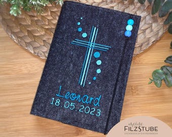 Gotteslobhülle mit Name und modernem Kreuz personalisiert Filz Gesangbuchhülle Geschenk zur Kommunion Firmung Konfirmation Mädchen Junge
